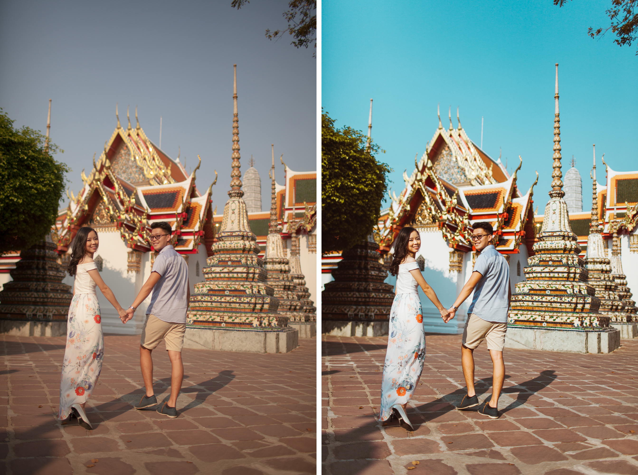 An Asian couple having a great time in Wat Pho, Bangkok.
